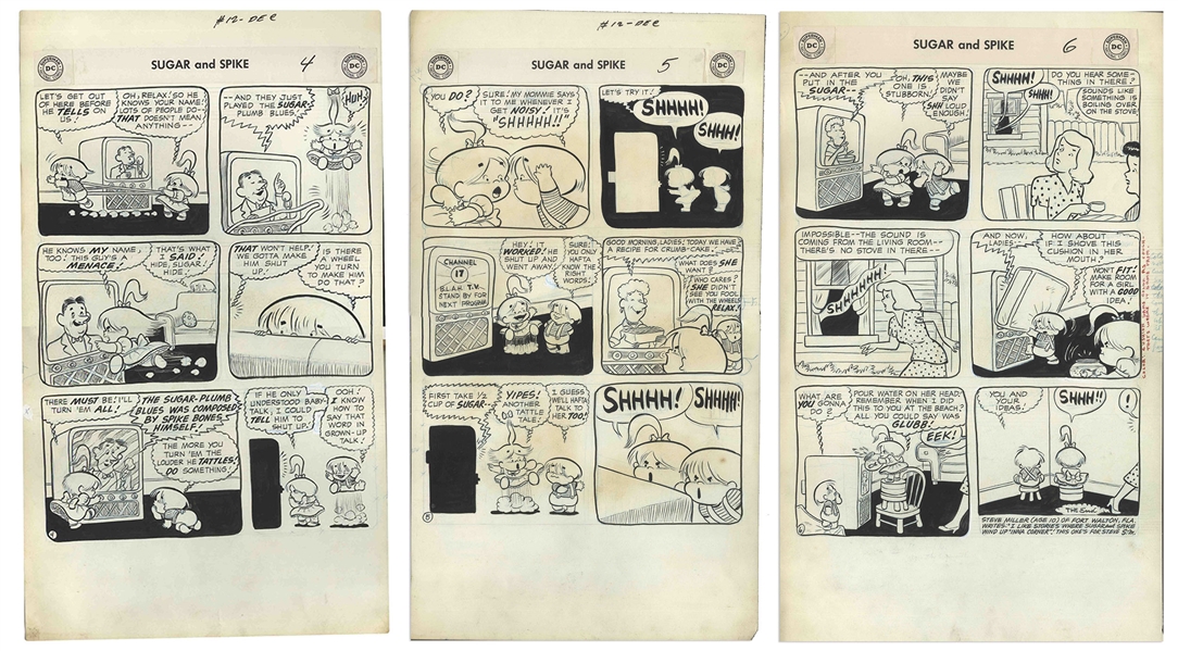 Sheldon Mayer Original Hand-Drawn ''Sugar and Spike'' Comic Book -- 17 Pages From the December 1957 Issue #12 -- Sugar and Spike Discover TV's and Rubber Bands